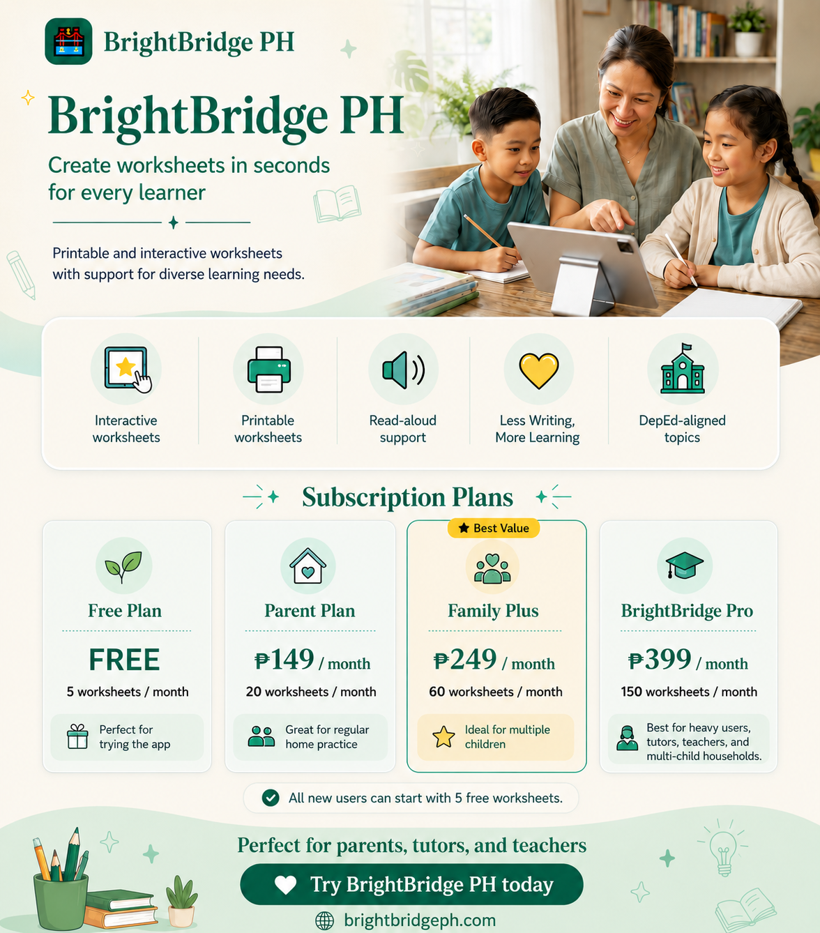 BrightBridge PH plans and pricing leaflet showing the Free, Parent, Family Plus, and Teacher plans with monthly worksheet limits and prices.